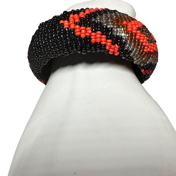 Aztec Pattern Black and Orange Beaded Bangle Statement Bracelet - Picture 4 of 8